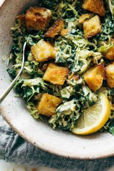 Brussels Kale Caesar with Cheezy Garlic Croutons - 30 Easy And Delicious Vegan Salad Recipes