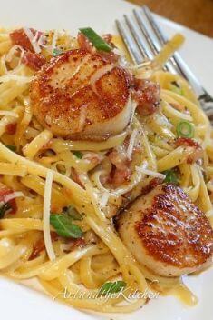 Carbonara with Pan Seared Scallops - Best Scallop Dishes Recipes You Should Try