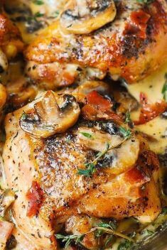 Chicken Thighs with Creamy Bacon Mushroom Thyme Sauce - Collection Of 30 Bacon Recipe That You Can Vary Your Meal