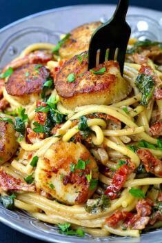 Creamy Tuscan Spaghetti with Jumbo Scallops - Best Scallop Dishes Recipes You Should Try