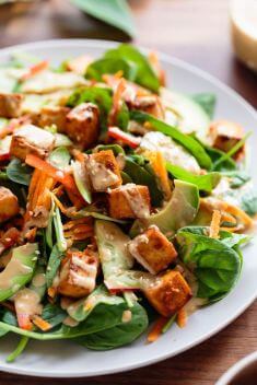 Marinated Tofu Avocado and Spinach Salad - 30 Easy And Delicious Vegan Salad Recipes