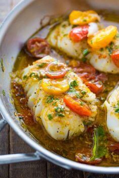 Pan Seared Cod in White Wine Tomato Basil Sauce - Crazy Good Fish Recipes