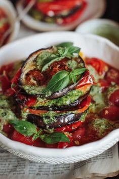Roast Pepper and Aubergine Stack with Pesto and Roast Cherry Tomatoes - Quick and Delicious Tomato Recipes