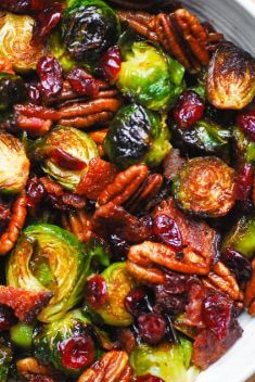 Roasted Brussels Sprouts with Bacon Toasted Pecans and Dried Cranberries - 30 Best Easy And Delicious Brussels Sprouts Recipes For Your Meals