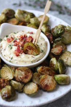 Roasted Brussels Sprouts with Garlic Bacon Aioli - 30 Best Easy And Delicious Brussels Sprouts Recipes For Your Meals