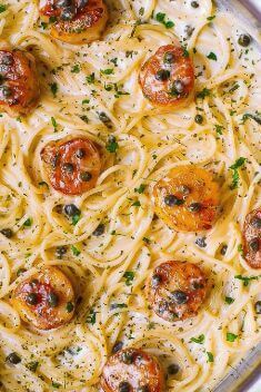 Scallop Spaghetti in Creamy White Wine Butter Garlic Sauce with Capers - Best Scallop Dishes Recipes You Should Try