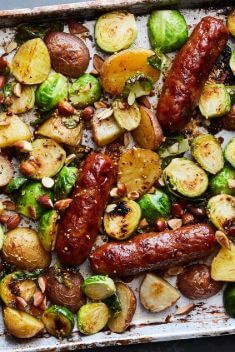 Sheet Pan Sausages and Brussels Sprouts With Honey Mustard - 30 Best Easy And Delicious Brussels Sprouts Recipes For Your Meals