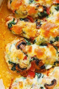Smothered Baked Chicken with Creamed Spinach Bacon Mushrooms - Chicken Breast: Easy And Delicious Dishes